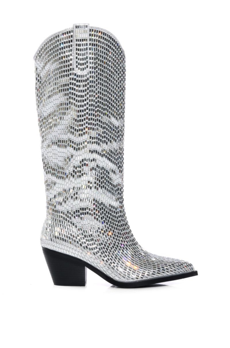 AZALEA WANG DRIVEN SILVER JEWELED WESTERN BOOT 1