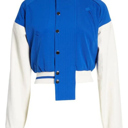 cropped blue varsity jacket with white sleeves and collar