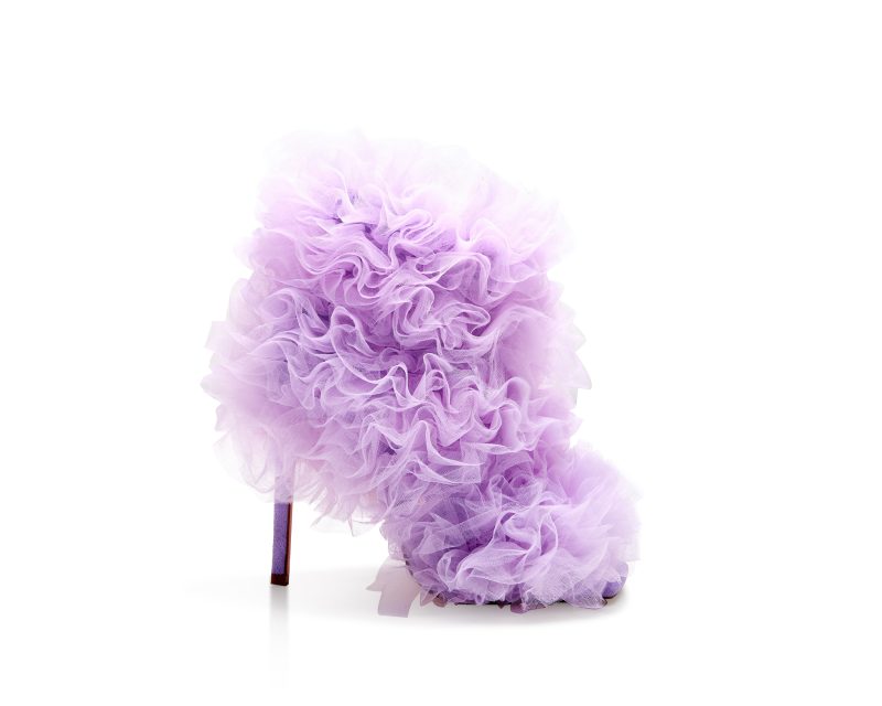 light purple ruffled tulle stiletto statement heels