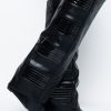 black faux leather fold over silhouette pointed toe wedge boots