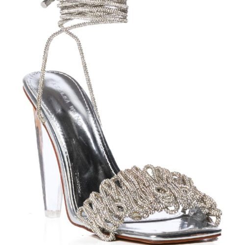 azalea wang bayleaf clear heel embellished sandal in silver silver 5 5