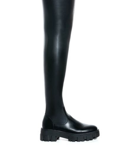 flat chunky stretchy thigh high boots in black