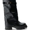 chunky black platform boots with fold over silhouette and mid calf length