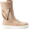 cream faux leather high top shoes with white laces and sole