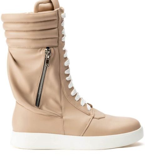 cream faux leather high top shoes with white laces and sole