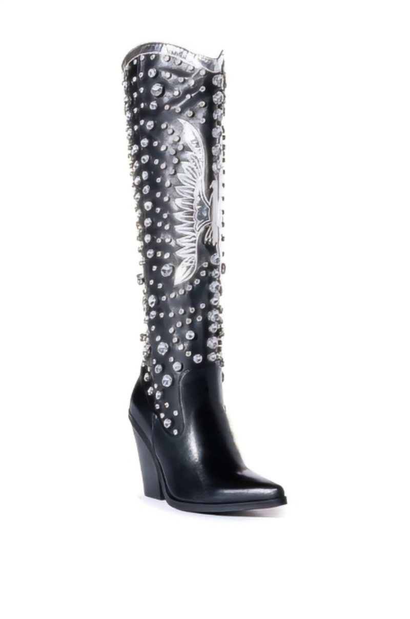 azalea wang upbeat rhinestone embellished western boot in black black 3 3 1