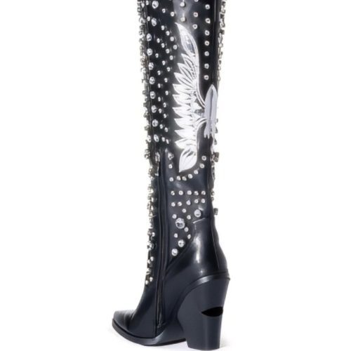 azalea wang upbeat rhinestone embellished western boot in black black 4 4 1