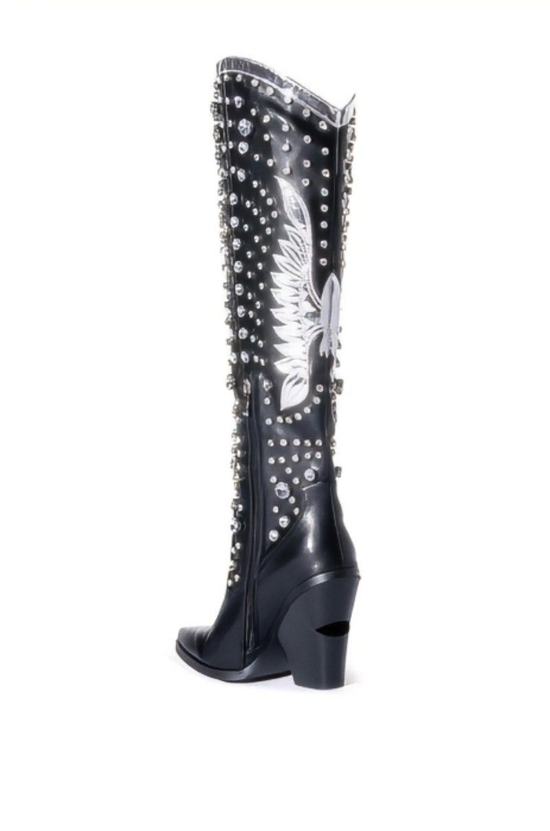 azalea wang upbeat rhinestone embellished western boot in black black 4 4 1